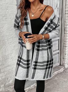 SHEIN Clasi Long Sleeve Plaid Cardigan Top, Casual Everyday Wear - Grey - View 4