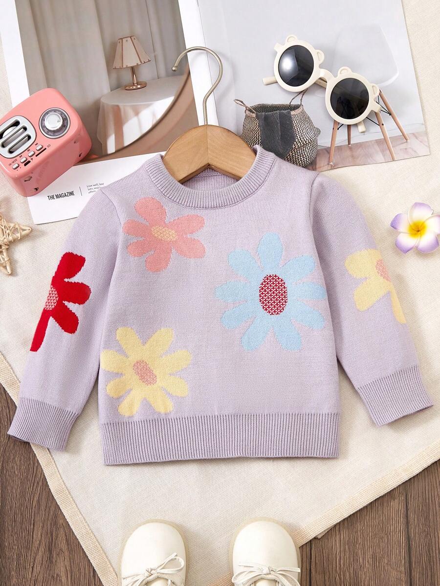 Baby Girls Soft Knitted Casual Floral Printed Sweater, Suitable For Home, Daily Wear, Outing, Party, Autumn & Winter - Dusty Purple - View 1