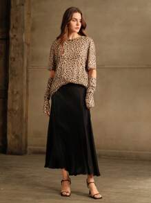 Anewsta Women's Korean Style Niche Embellished Leopard Print Blouse T-Shirt With Puff Sleeves
