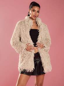 Glamine Chaqueta de mujer de manga larga y corte holgado con cuello de piel sintética en color caqui, abrigo femenino esponjoso y cálido.
