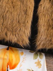 3 件套年轻女孩秋冬毛绒背心和纯色上衣和南瓜印花喇叭裤套装，感恩节万圣节服装 - 駝色 - 查看 4