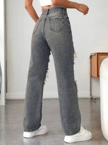 SHEIN PETITE 女式口袋破洞直筒宽松休闲时尚牛仔裤 - 藍色 - 查看 2