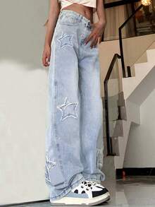 Pantalones de pierna ancha para mujer con parches y bolsillos, corte holgado y lavado a la piedra - Lavado ligero - Ver 3