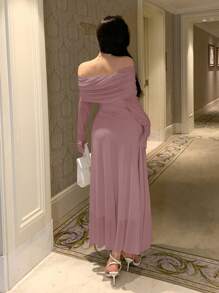 DAZY Abito elegante monospalla a tinta unita, adatto per autunno, feste di compleanno e balli, vestito da donna per l'autunno - Rosa - Visualizzare 2