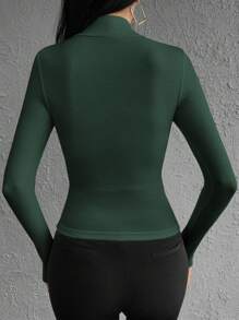 Cloudara Solid Mock Neck Ribbed Knit Tee - Dark Green - View 2