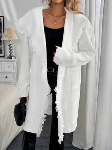 SHEIN Unity Women's Solid Color Patchwork Tassel Long Sleeve Open Front Long Cardigan Sweater For Autumn Winter Fall Cloth For Women - White - View 6