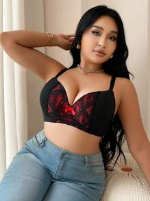 Romantic Lace Patchwork See-Through Supportive Wireless Plus Size Lingerie Bra Set - Multicolor - View 3