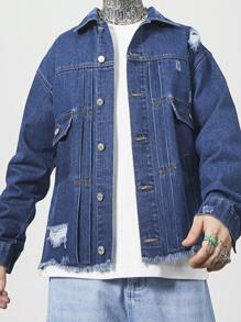 OTTIMOZO Men's Spring & Autumn Relaxed Fit Distressed Drop Shoulder Long Sleeve Denim Jacket - Blue - View 5