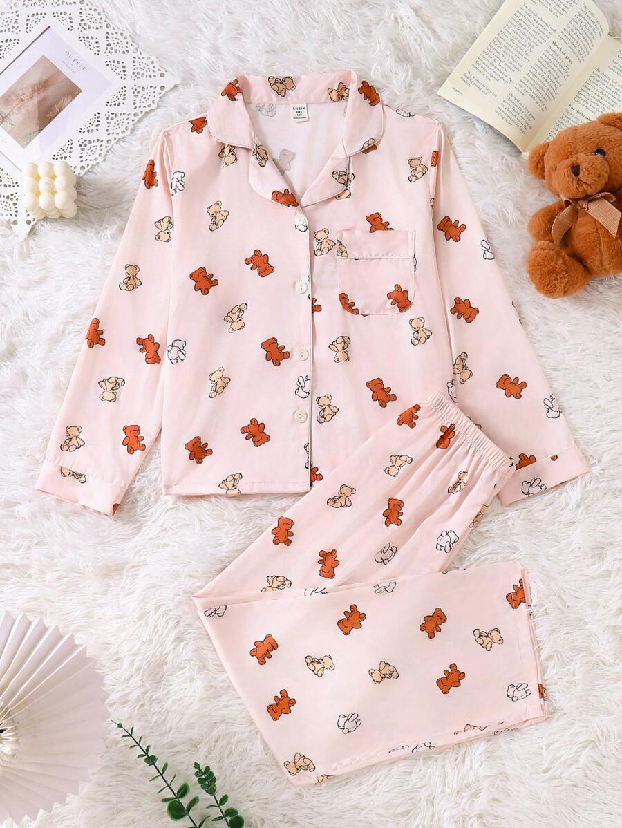 2 件 Tween 女孩棕熊缎面提花长袖上衣和裤子家居服套装，休闲舒适 - 棕色 - 查看 1