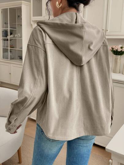 SHEIN Frenchy Kadın Sonbahar Düşük Omuz Kapşonlu 2'si 1 Arada Kadife Ceket, Isıtmalı Ceket, Termal, Kadın Kostümleri, Sonbahar, Yolculuk, Minimalist, Ofis, Eski Para, Şükran Günü, Düğme