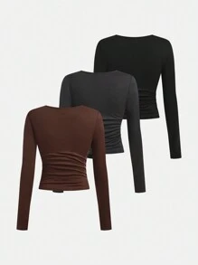SHEIN Girlism Juego de 3 piezas de camisetas de manga larga casuales de unicolor con cuello redondo fruncido para adolescentes