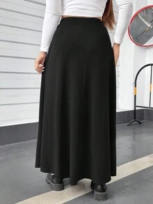 SHEIN Essnce Falda larga negra básica, elástica en la cintura, versátil, cómoda y holgada para mujeres de talla grande, otoño e invierno, prendas de mujer para otoño, falda negra, fiesta de graduación, ropa de profesora, fondo para mujer curvy, falda para salir, faldas de otoño - Negro - Ver 2
