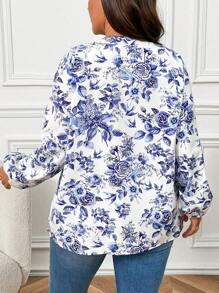 Celure 大码蓝白印花休闲 V 领长袖衬衫 - 藍白色 - 查看 2