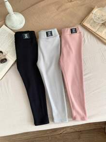 SHEIN LMoss Kids Bộ quần áo thu đông cho bé gái 3 món Quần legging vải nỉ dệt kim họa tiết chữ và logo màu trơn ấm áp có lót nhiệt, mặc được cho cả ngày thường và đi học. - Nhiều màu - Xem 4