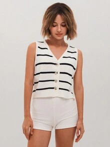 SHEIN Unity 女式条纹 V 领单排扣休闲针织背心，秋冬季 - 黑與白 - 查看 5