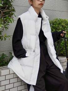 FRIFUL 立领抽绳腰无袖纯色加厚棉服女士夹克冬季背心 - 白色 - 查看 4
