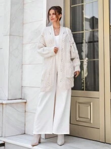 RueChic Women Solid Color Pocket Detailed Long Chunky Cardigan - White - View 6