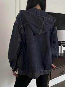 Dazy Star Women's Loose Dropped Shoulder Drawstring Hooded Denim Jacket With Pockets, Spring/Autumn - Blue - View 5