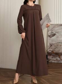 Al Najma 女士纯色纽扣装饰半襟灯笼袖优雅连衣裙，休闲朴素长袖束腰长款阿拉伯连衣裙，适合休闲日常/家居服 - 棕色 - 查看 6