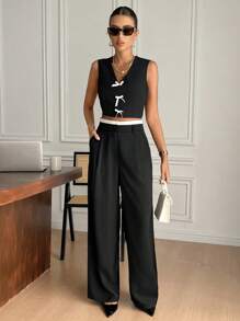 SHEIN Frenchy Quần cạp chun màu tương phản thường ngày dành cho nữ - Xám - Xem 3