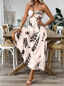 Breezaya Đầm Maxi Đi Biển Hở Lưng Họa Tiết Lá Nhiệt Đới Trang Phục Đi Biển Cho Nữ - Màu Khaki - Xem 5