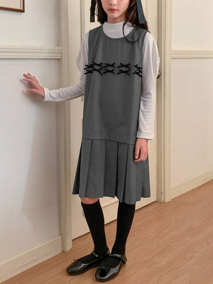 Tween Girl Casual Bowknot Decor Pleated Hem Sleeveless Dress, Spring & Autumn,Back To School Clothes