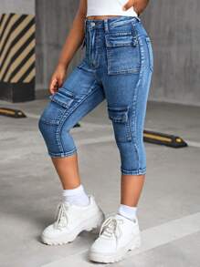 SHEIN Quần Capri túi lật thời trang Y2K Stonewashed Fit cho bé gái tuổi teen, Quần Jeans dạo phố thời trang thu đông cho bé gái tuổi teen - Rửa trung bình - Xem 5