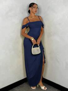 SHEIN BAE 女式性感甜美纯色垂领飘逸袖荷叶边下摆高开衩吊带连衣裙，夏季 - 藏蓝色 - 查看 3