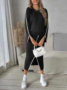 SHEIN 2 Stücke Set aus Umstandsmode mit Rundhalsausschnitt Langarmshirt und Rock mit Schlitzdetail am Saum, für Frühling & Herbst - Schwarz - Übersicht 6