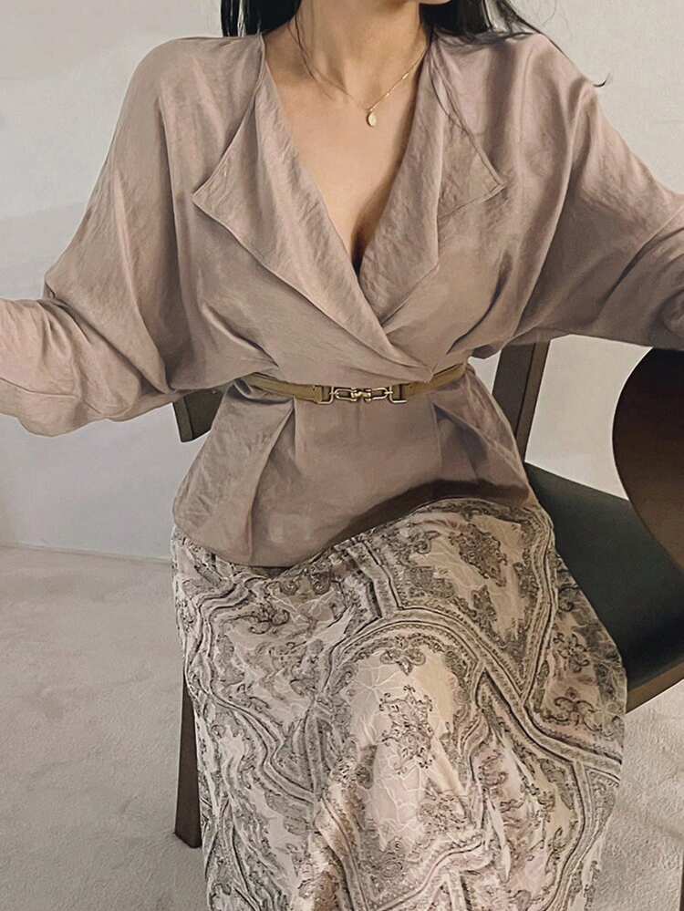 Women's Solid Color Cross Wrap Elegant Long Sleeve Blouse
