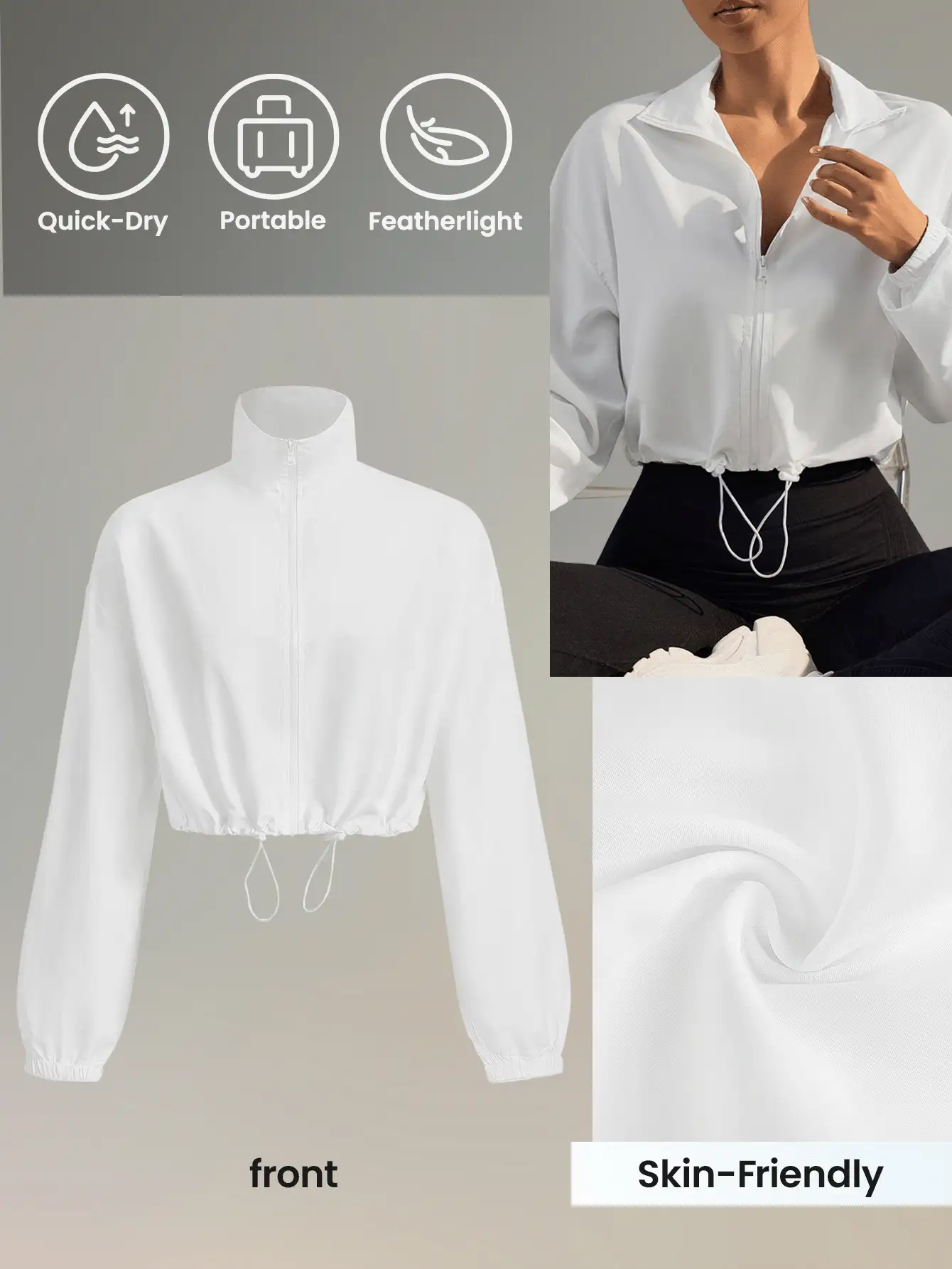 Easithlete 透气轻便纯色拉链漏斗领长袖运动夹克 - 白色 - 查看 3