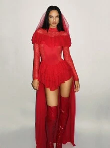 SHEIN ICON Women's Stand Collar Lace Mesh Tiered Asymmetrical Hem Costume Dress - Red - View 6