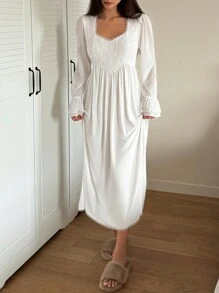 DAZY Lace Patchwork Ruffle Trim Knit Nightgown Pajama, Fall - Beige - View 7