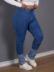 SHEIN SXY Quần Jeans Denim Cỡ Lớn Có Họa Tiết Bướm Màu Tương Phản & Thiết Kế Nơ, Ôm Vừa - Màu xanh lam - Xem 6