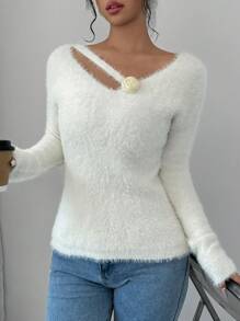 Chiquease Women's Asymmetric Neck Drop Shoulder Long Sleeve Fuzzy Sweater, Autumn & Winter, Knit Pullover Fall - Beige - View 6