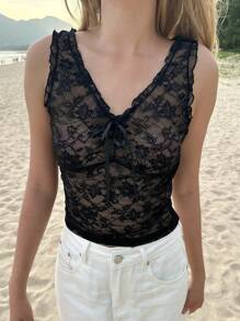 SHEIN EZwear Áo ba lỗ hở vai cổ chữ V ren đen đơn giản cho nữ - màu đen - Xem 1