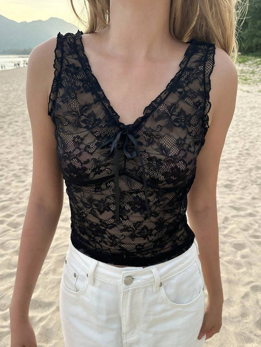 SHEIN EZwear Áo ba lỗ hở vai cổ chữ V ren đen đơn giản cho nữ - màu đen - Xem 1