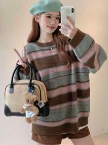 DAZY Áo len sọc cổ tròn tay dài tối giản, thường ngày, trang phục mùa thu - Xám - Xem 3