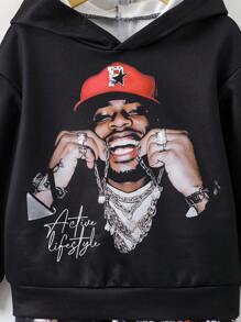 SHEIN 4-7 岁男孩时尚休闲街头连帽衫和裤子套装，带金属印花，适合圣诞派对、生日、日常穿着 - 适合秋季、春季、冬季 - 深灰色 - 查看 6