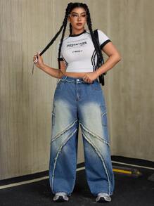 SHEIN ICON 大码前扣磨边下摆多口袋休闲牛仔裤 - 藍色 - 查看 5