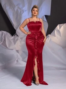 Glamrae Plus Size Red Sequin Panel Bustier Embellished High Split Mermaid Hem Elegant Formal Gown, Wedding Event Dress, Prom Evening Dress, For Wedding Guest, Graduation, Dinner
