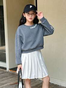 SHEIN Genkimix Kids Tween Girl Gray Round Neck Sweatshirt With Letter Print Trimming, Autumn/Winter