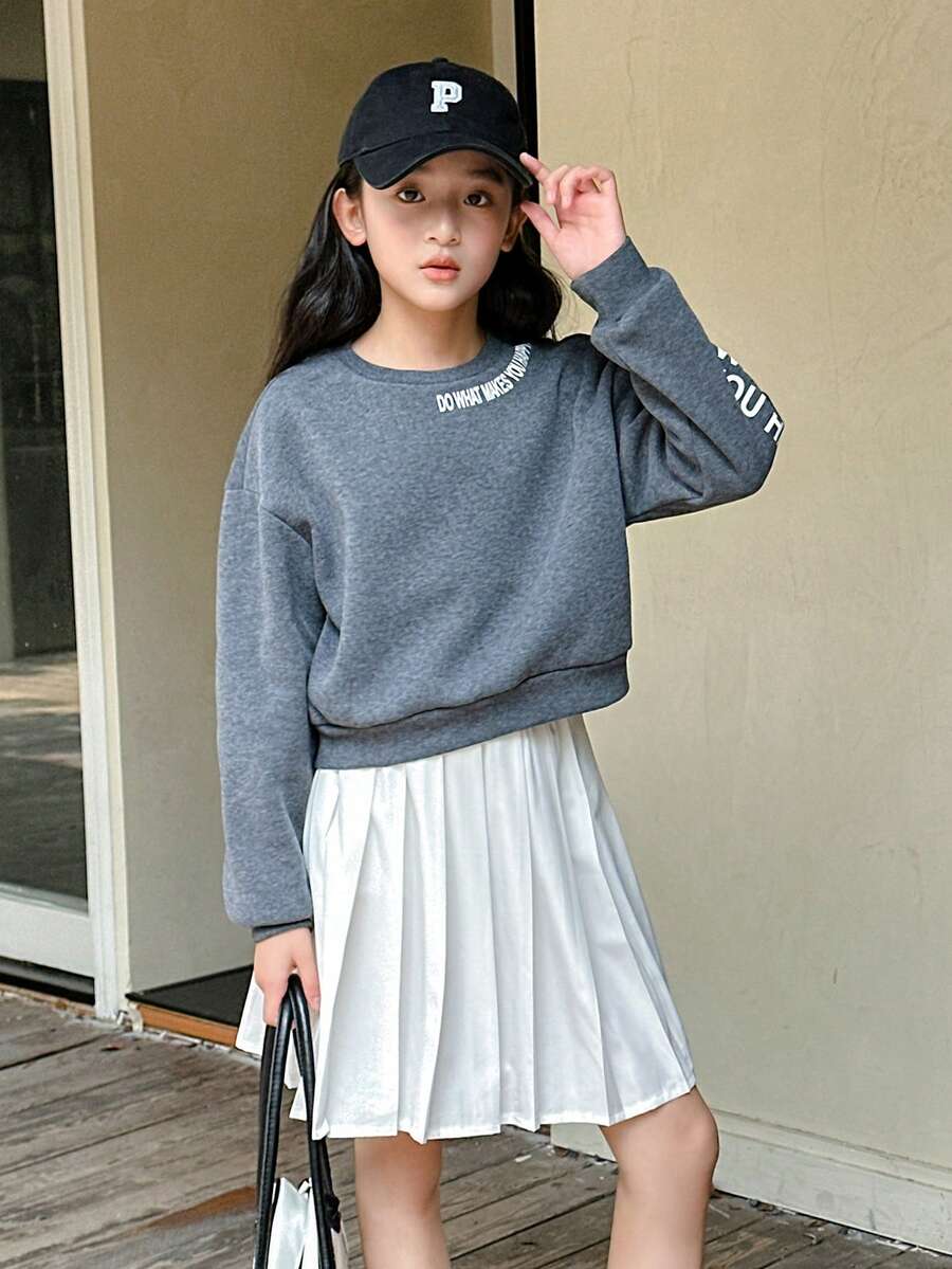 SHEIN Genkimix Kids Tween Girl Gray Round Neck Sweatshirt With Letter Print Trimming, Autumn/Winter