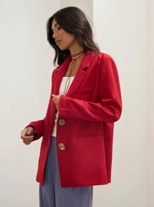 COSMINA 女式秋季红色翻领长袖前扣休闲西装外套 - 紅色 - 查看 6