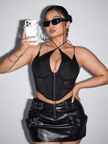 SHEIN ICON Plus Size Contrast Mesh Crop Cami Black Corset Top, For Summer - Black - View 6