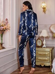 LuxeNights Floral Print Contrast Piping Satin Top & Pants PJ Set / Pajama Set, Fall Winter Clothes Cozy And Elegant Details - Navy Blue - View 2