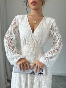 Elenzga 女式长袖 V 领蕾丝腰喇叭裙 - 白色 - 查看 6