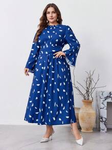 Lacomfia Vestido casual plisado de manga larga con cuello redondo y estampado todo sobre talla grande