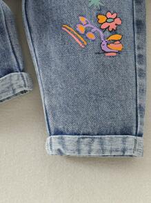 SHEIN 新生女婴蝴蝶碎花 T 恤和牛仔背带裤 2 件套服装，休闲时尚，适合秋冬季 - 彩色 - 查看 6