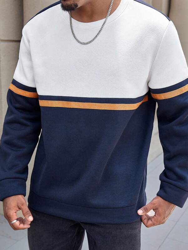 Manfinity Homme Plus Size Men's Contrast Color Patchwork Pullover Sweatshirt, Autumn/Winter Going Out Crew Neck Long Sleeve Sweatshirt, For Friends, Husband, Boyfriend Gifts, Men Sweatshirt, Men Crew Neck Sweatshirt, Two Tone Sweatshirt
